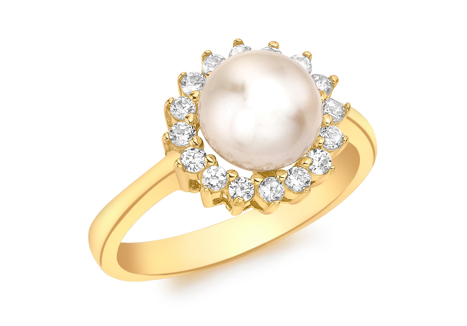 Gold ladies ring Pearl centre with CZ Halo 364 - Armin Lowe Jewellers