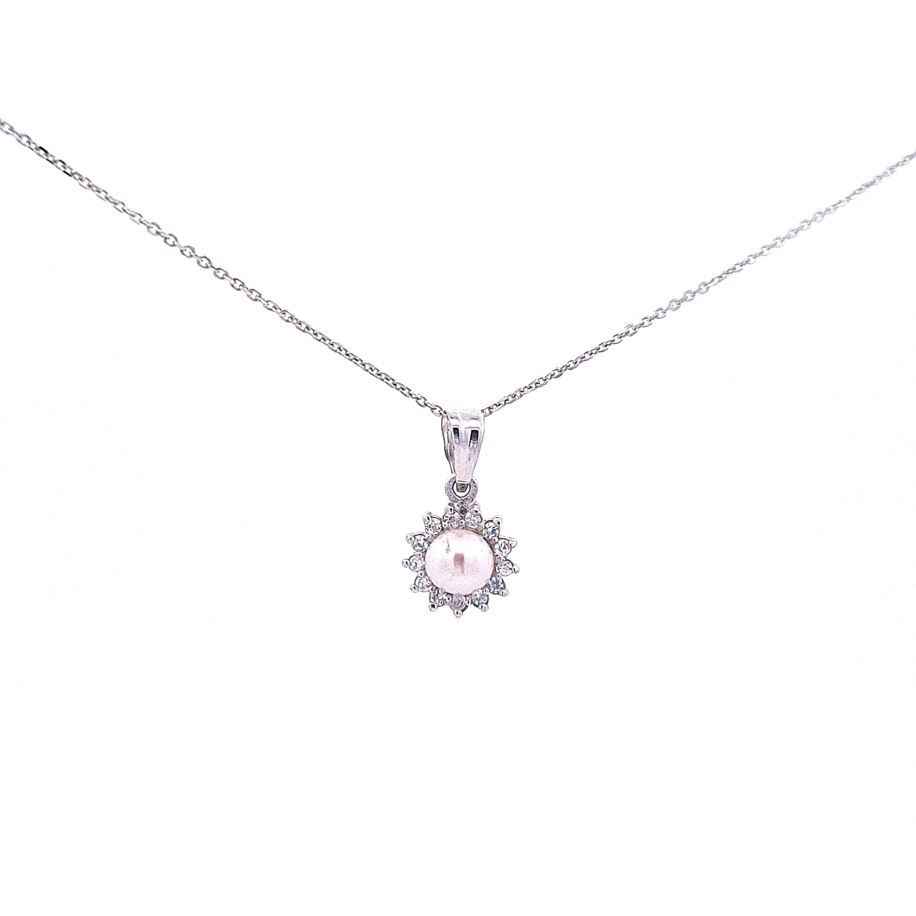 Pearl + CZ Halo cluster pendant in white gold 36903 - Armin Lowe Jewellers