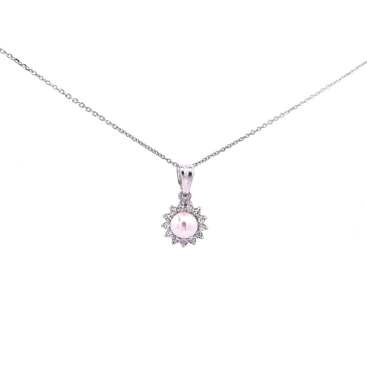 Pearl + CZ Halo cluster pendant in white gold 36903 - Armin Lowe Jewellers