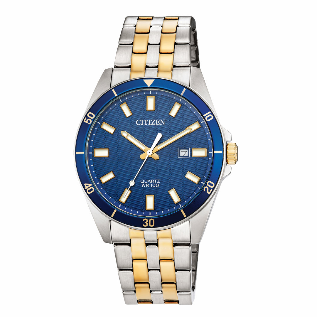 Citizen quartz Sport two tone, blue dial + bezel with luminous hands, date at 3 o'clock, 100m WATER RESISTANT 32782