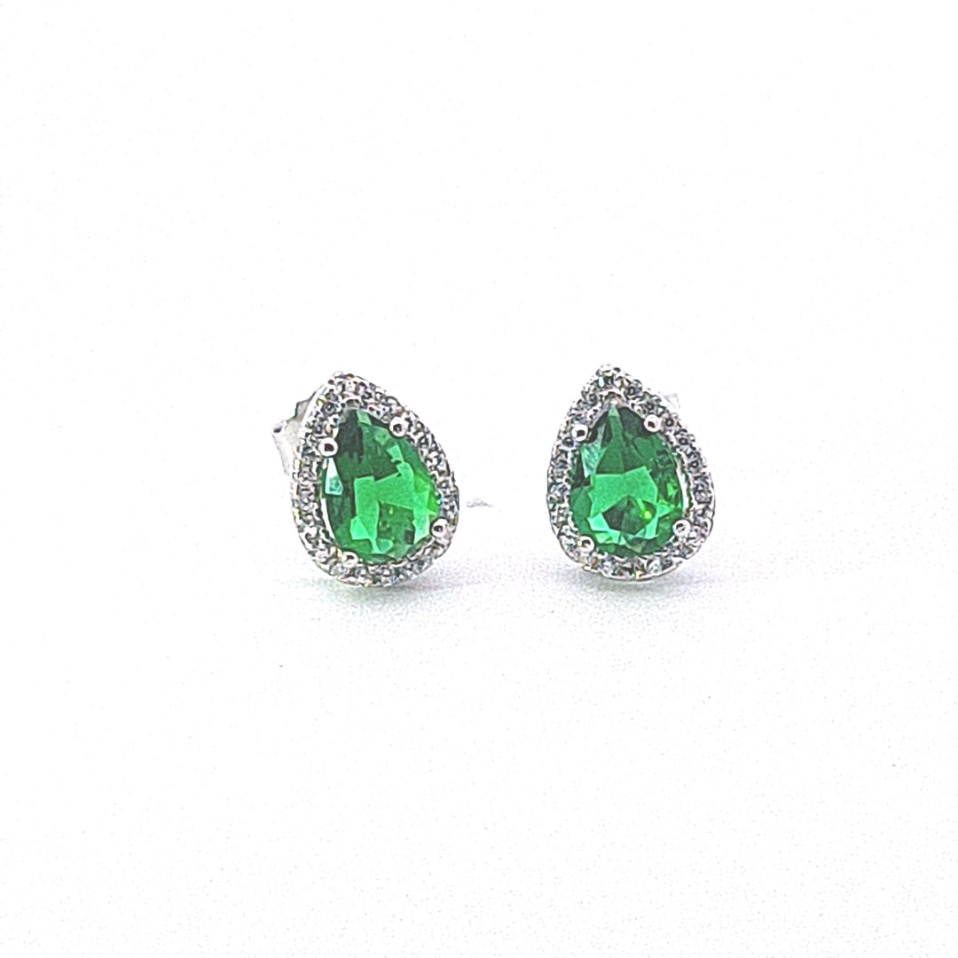 Sterling silver pear drop halo Emerald green CZ studs 34676