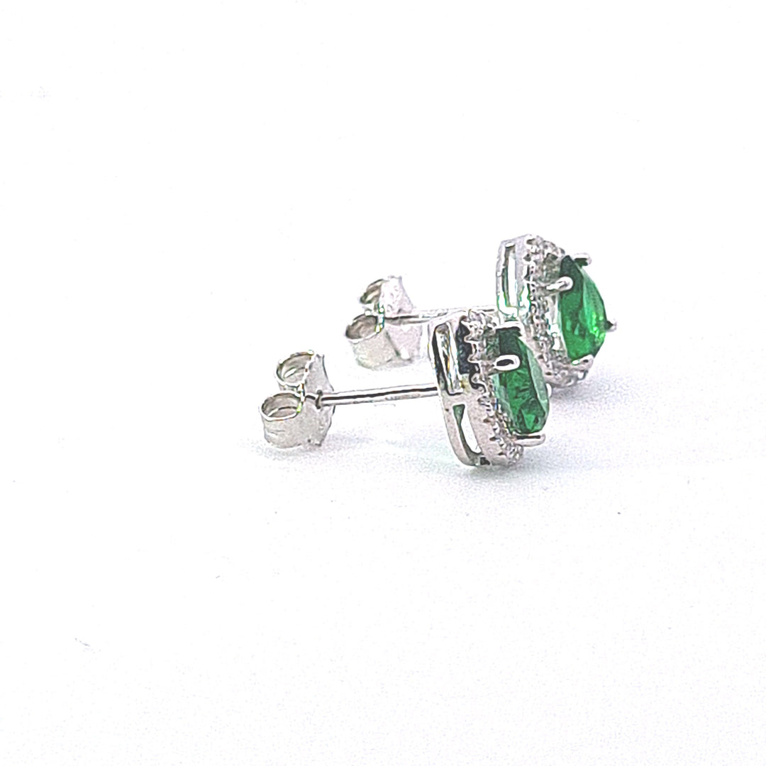 Sterling silver pear drop halo Emerald green CZ studs 34676