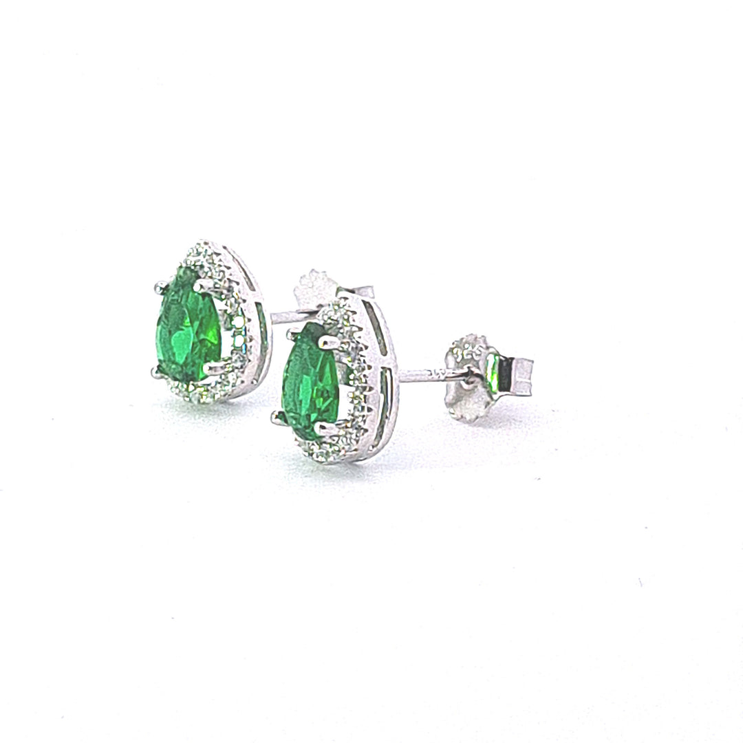 Sterling silver pear drop halo Emerald green CZ studs 34676