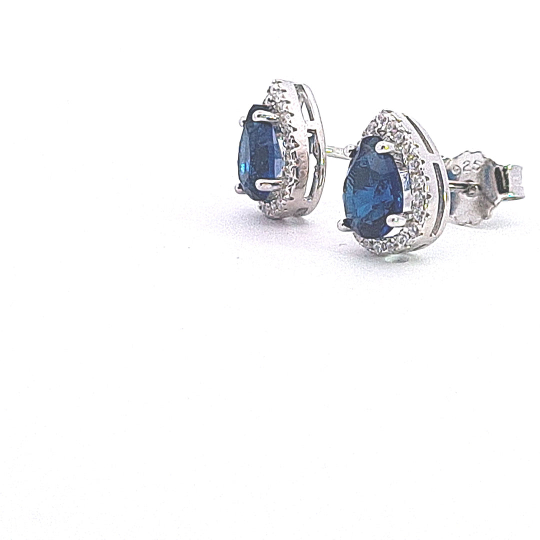 Pear drop halo Sapphire Blue CZ stud earrings 37654