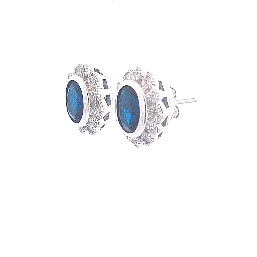 Sapphire Blue CZ scallop cluster sterling silver stud earrings 37644