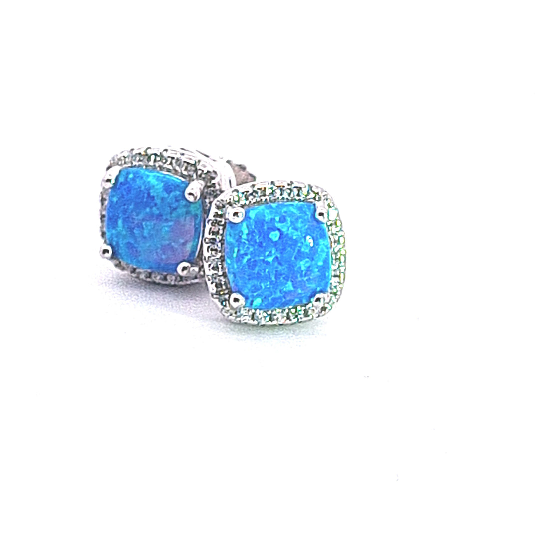 Cushion shape synthetic Blue Opal stud earrings 37662