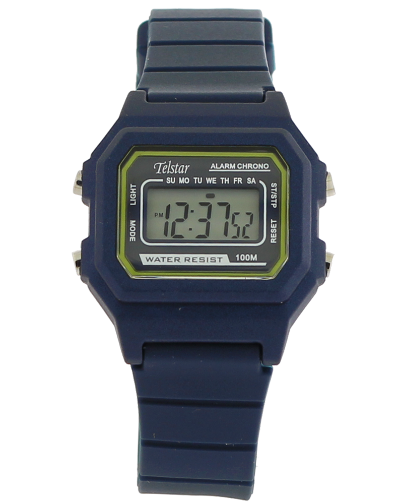 Digital Retro LCD Telstar watch in blue resin with yellow screen highlights. 100m water resistant 34920 - Armin Lowe Jewellers