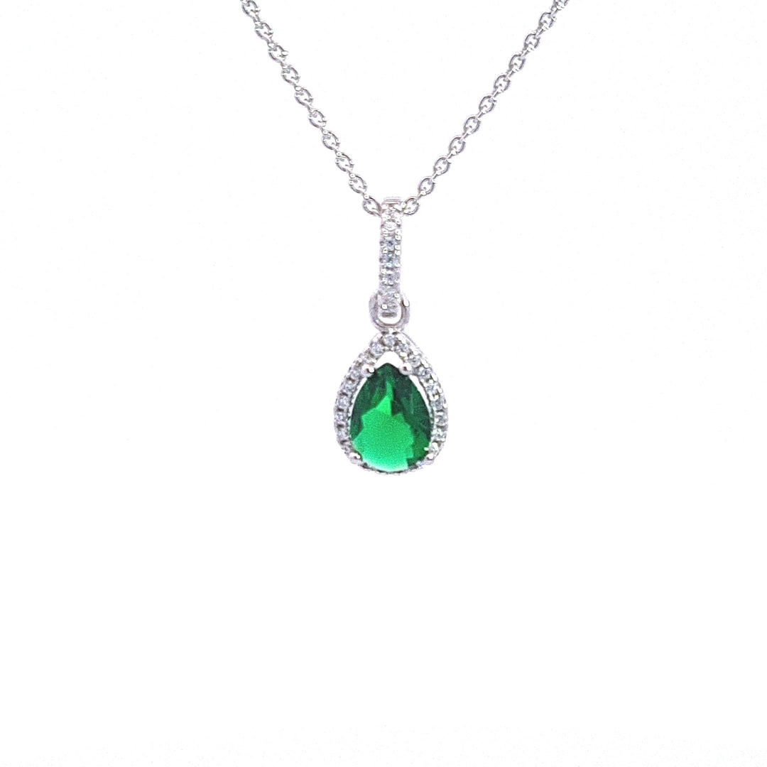 Sterling silver pear drop halo Emerald green CZ pendant 34675