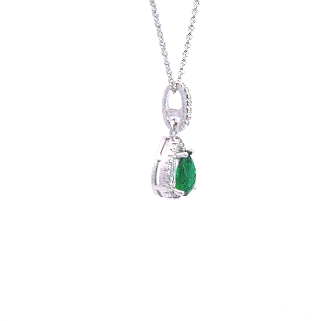 Sterling silver pear drop halo Emerald green CZ pendant 34675