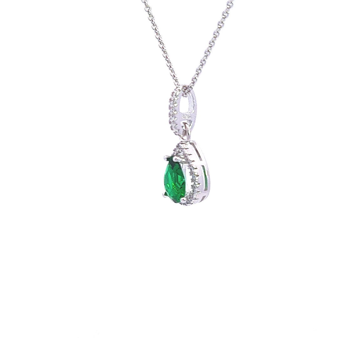 Sterling silver pear drop halo Emerald green CZ pendant 34675