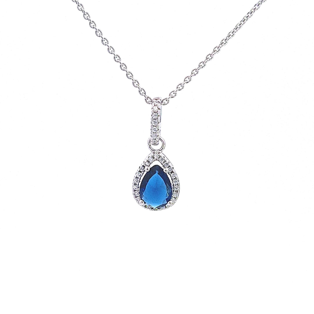 Pear drop halo Sapphire Blue CZ pendant 37653