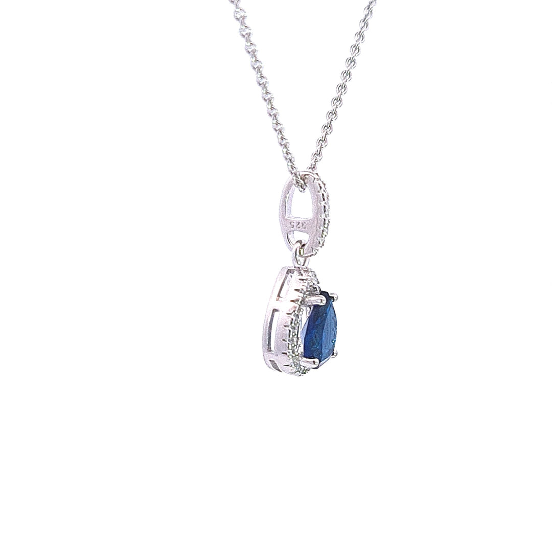 Pear drop halo Sapphire Blue CZ pendant 37653