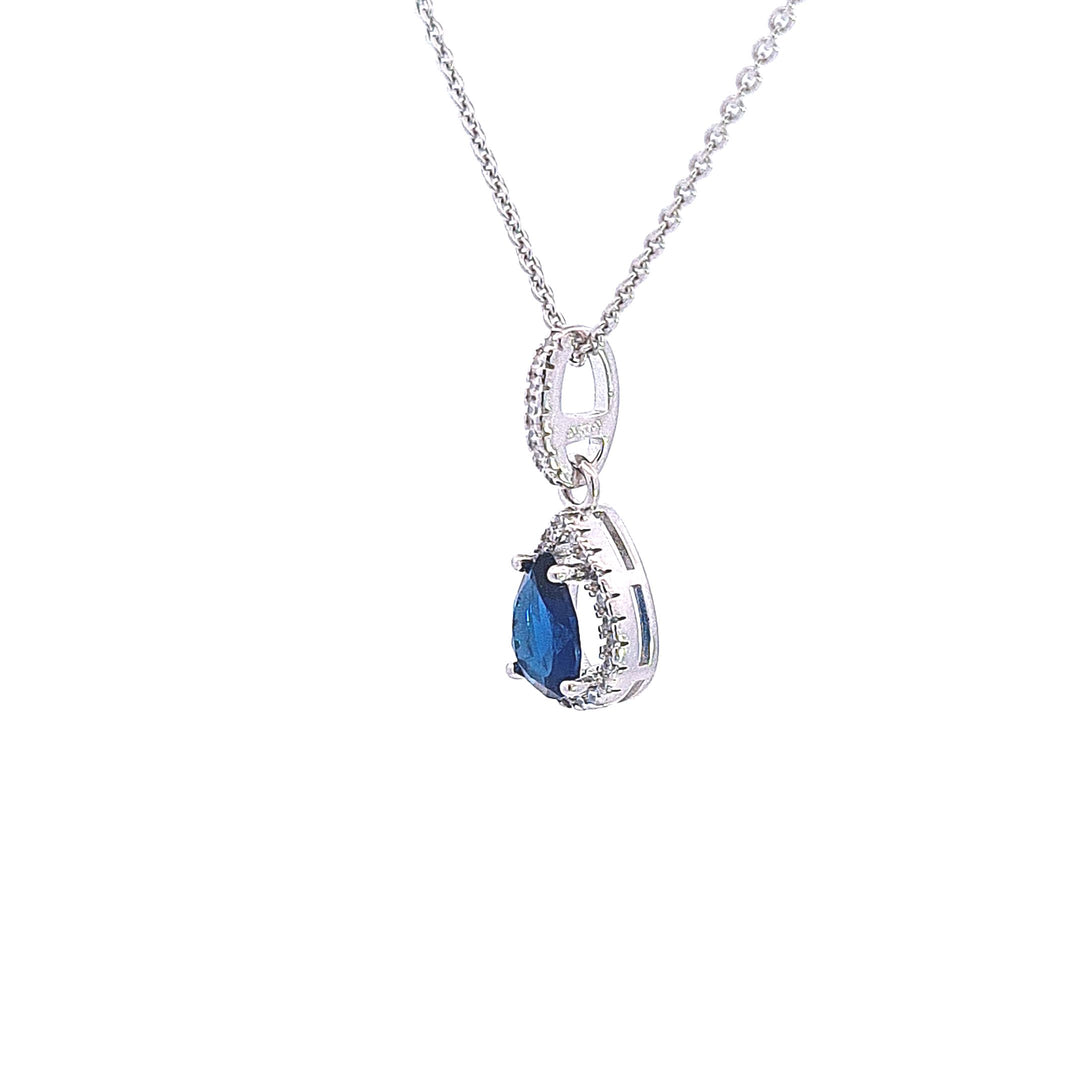 Pear drop halo Sapphire Blue CZ pendant 37653