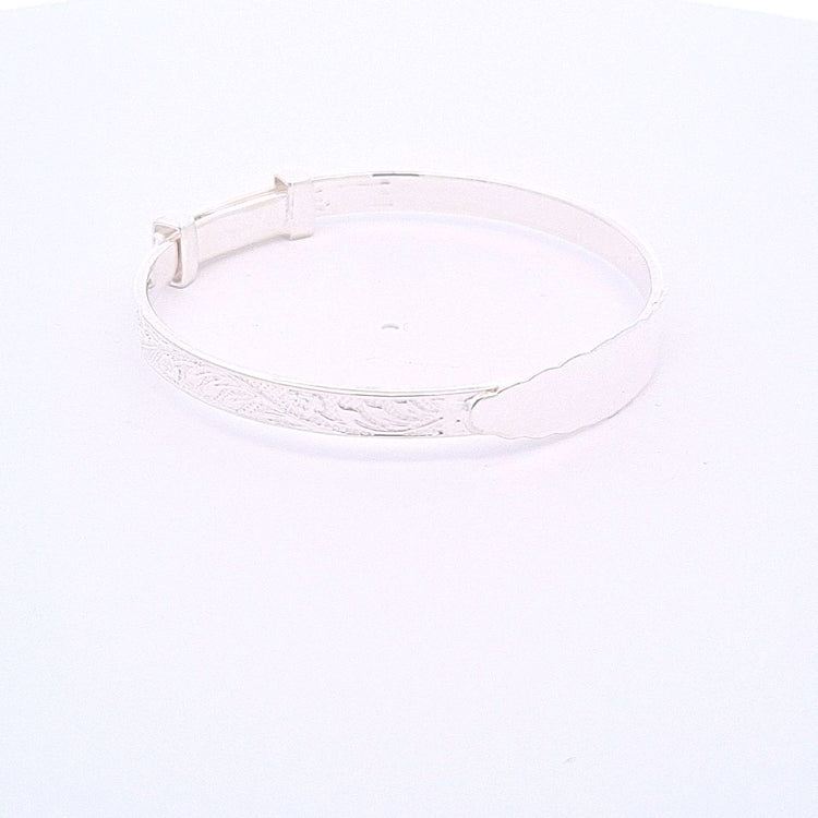 Sterling silver expanding engraved pattern ID Christening bangle 33706 - Armin Lowe Jewellers