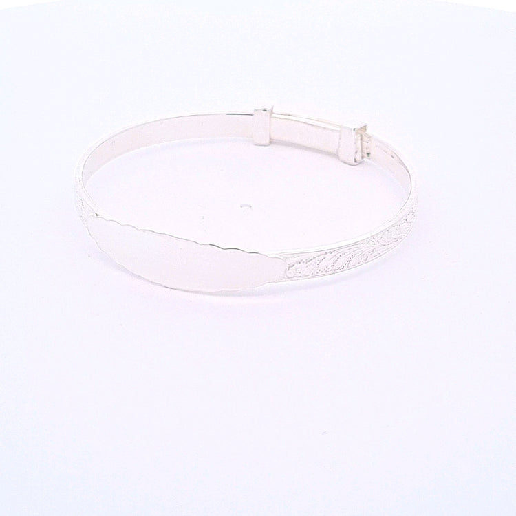 Sterling silver expanding engraved pattern ID Christening bangle 33706 - Armin Lowe Jewellers