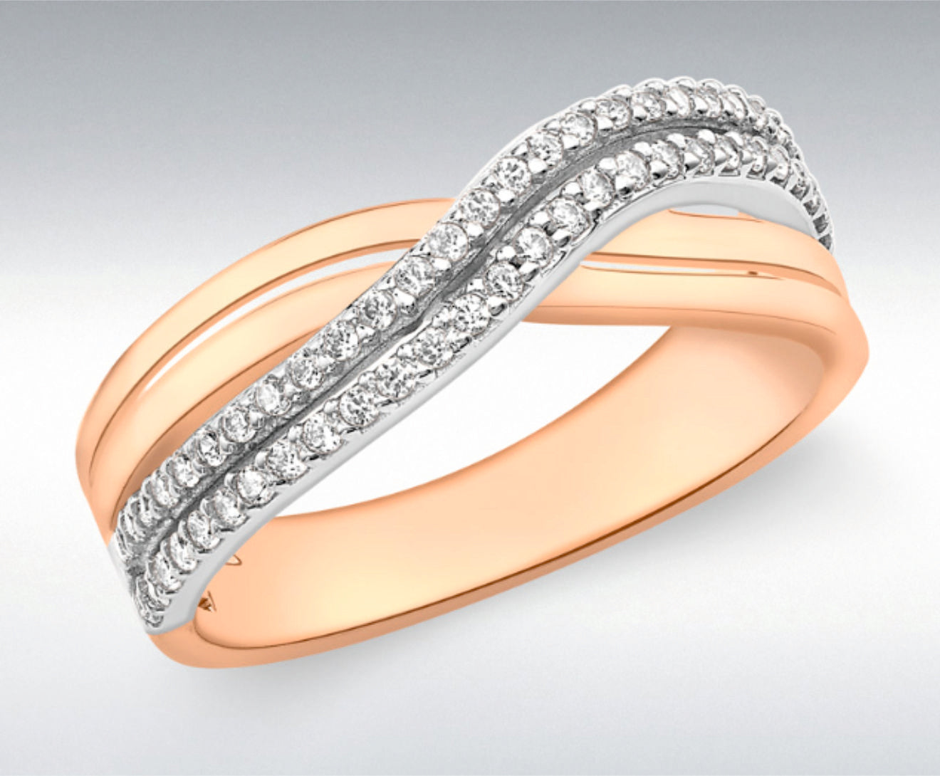 Rose gold crossover CZ ring 36025 - Armin Lowe Jewellers