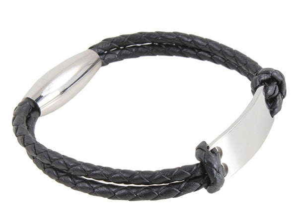 Black leather bracelet with steel engraving plate 33077 - Armin Lowe Jewellers