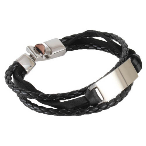 Engraveable gents leather + steel bracelet 35372