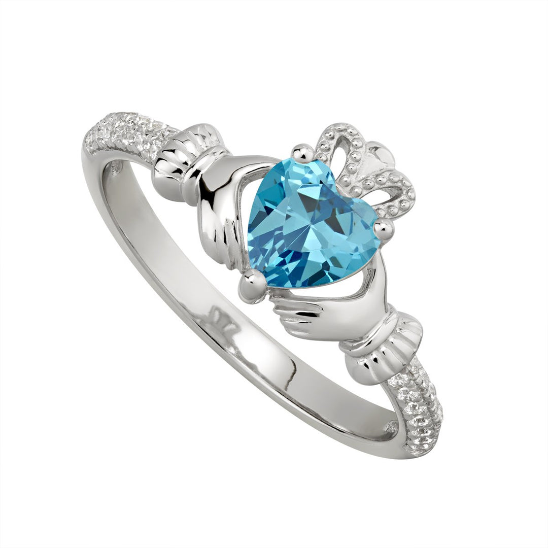 Sterling silver Claddagh birthstone ring, MARCH - Armin Lowe Jewellers Sligo