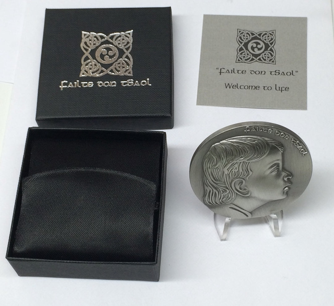 Welcome to Life/ Failte don tSaol christening coin, Antiqued silver plated. 10775 - Armin Lowe Jewellers