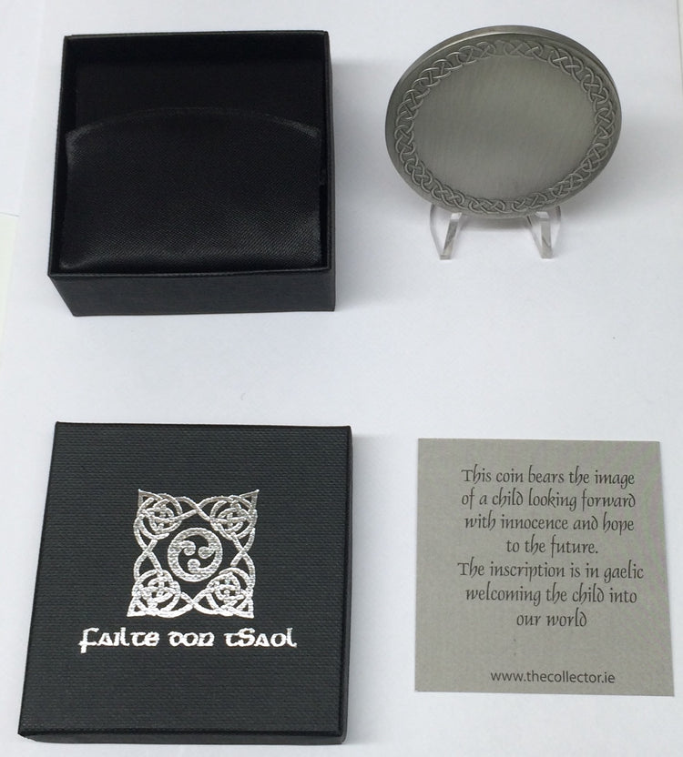 Welcome to Life/ Failte don tSaol christening coin, Antiqued silver plated. 10775 - Armin Lowe Jewellers